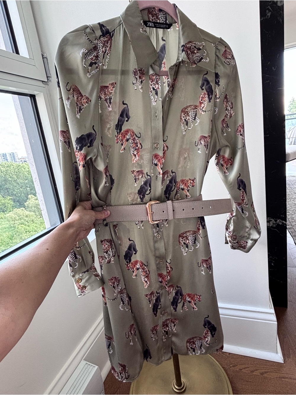 ZARA shirt dress with belt leopard safari green XS